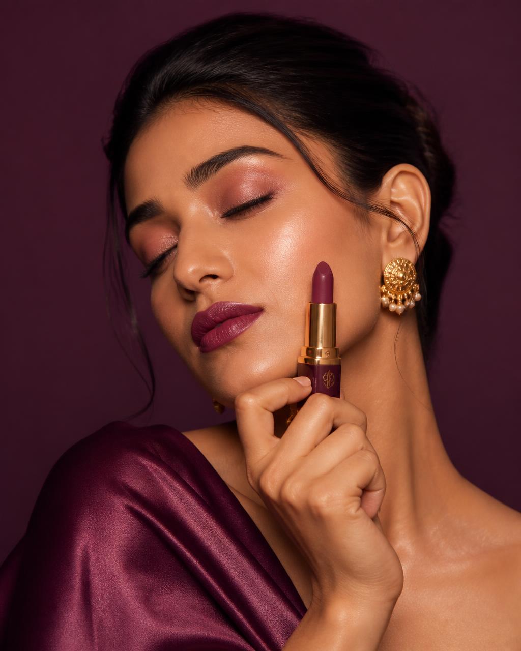 Model with luminous skin holding an Alura Shop lipstick